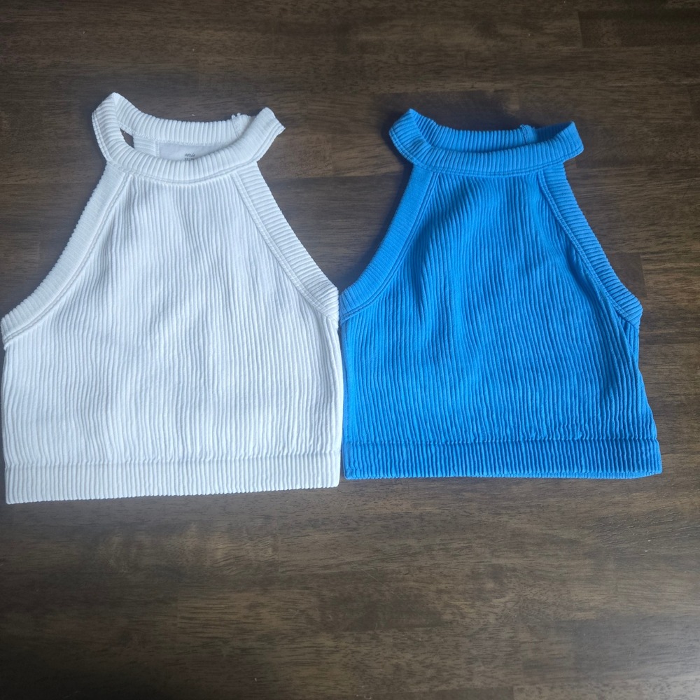 Aerie Real Good Ribbed Halter Crop Top Bundle 2 Pack White Blue XS Seamless Tank